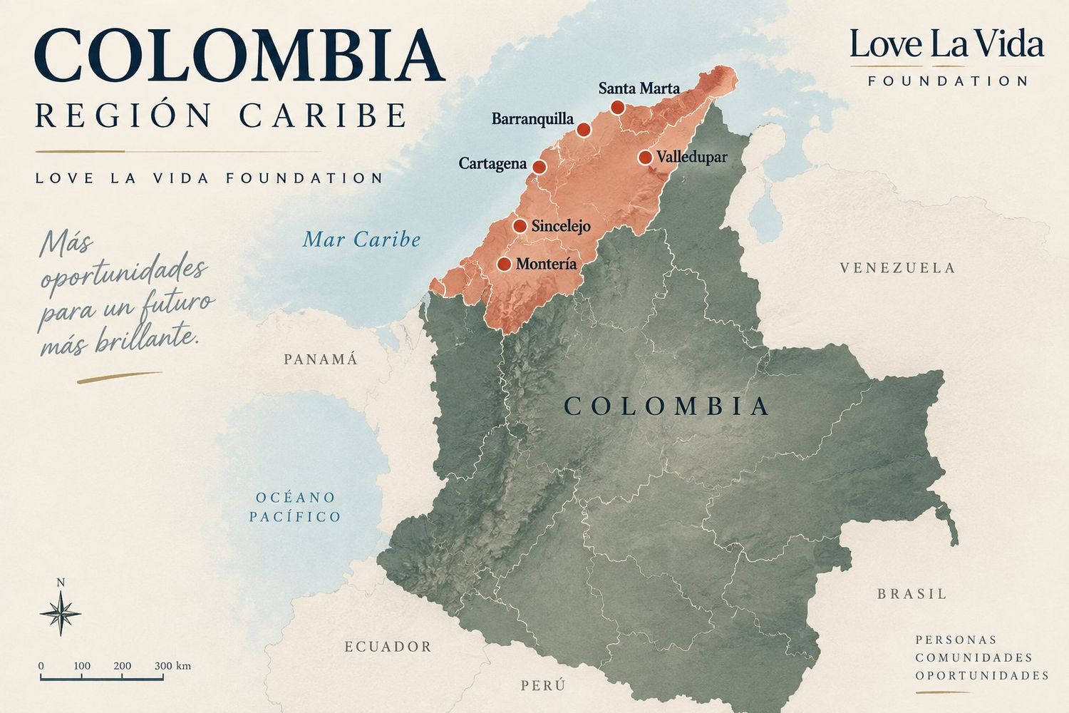 Map of Colombia with the Caribbean region highlighted and six coastal cities marked