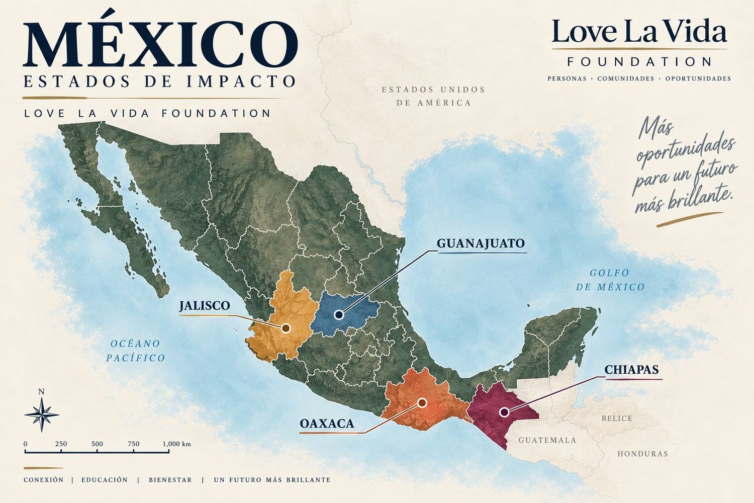 Map of Mexico with Jalisco, Guanajuato, Oaxaca and Chiapas highlighted